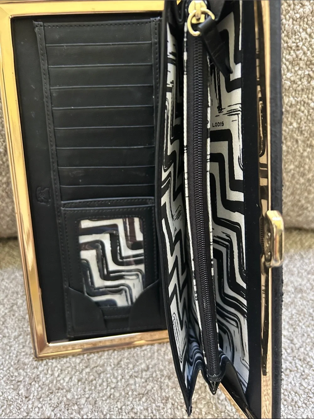 Black Textured Long Wallet with Gold Trim